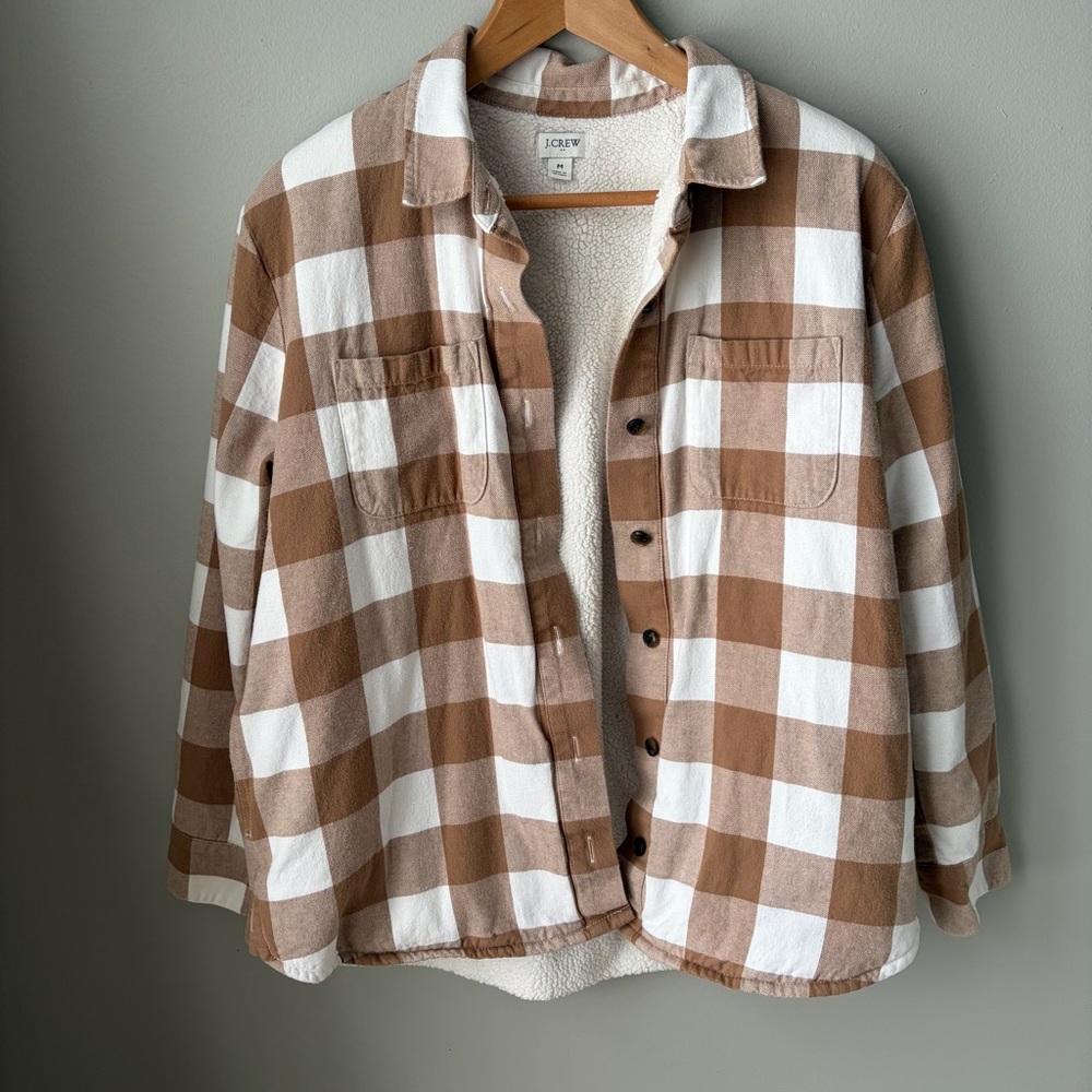 J Crew Factory Flannel‎ Shirt Jacket Sherpa Lined Women’s Size Medium Tan-White